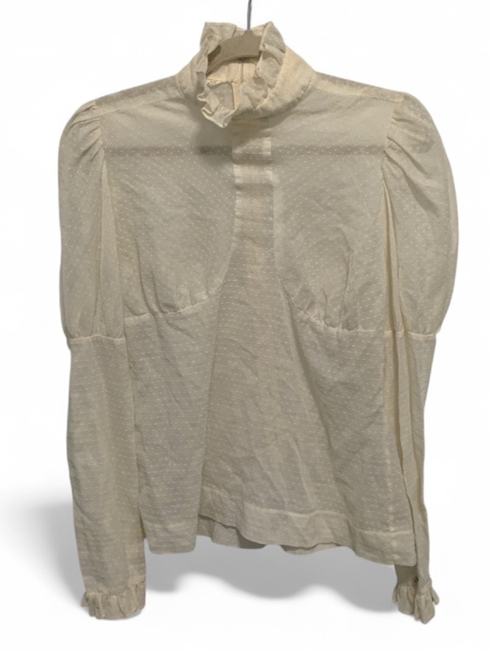 Vintage Ellen Tracy Cream Ruffled High-Neck Swiss Dot Long Sleeve Blouse